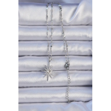 316L Çelik Zincir Gümüş Renk Zirkon Taşlı Kutup Yıldızı Kolye