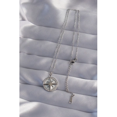 316L Çelik Zincir Gümüş Renk Zirkon Taşlı Kutup Yıldızı Kolye