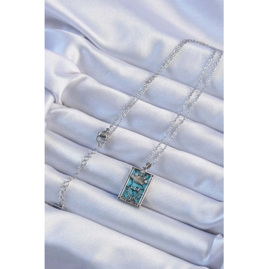 316L Çelik Zincir Gümüş Renk Zirkon Taşlı Mavi Mermer Desenli Taç Model Tarot Kolye