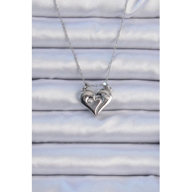 316L Çelik Zincir Gümüş Renk Zirkon Taşlı Mıknatıslı Kalp Kolye
