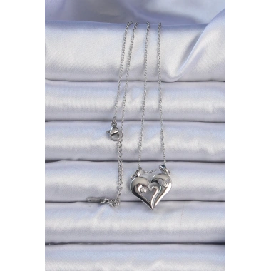 316L Çelik Zincir Gümüş Renk Zirkon Taşlı Mıknatıslı Kalp Kolye