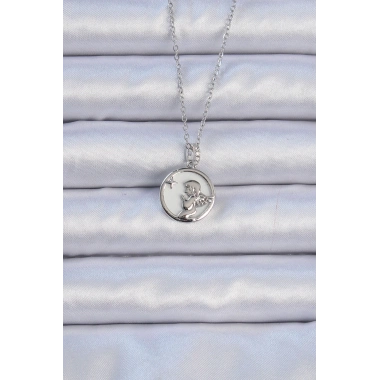 316L Çelik Zincir Gümüş Renk Zirkon Taşlı Mineli Melek Kolye