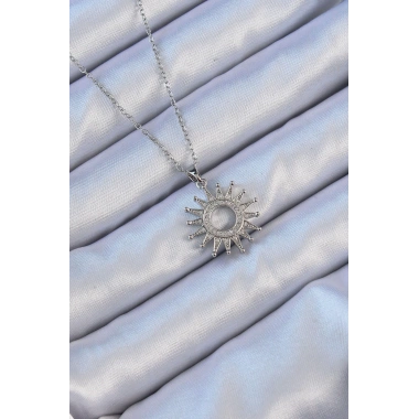 316L Çelik Zincir Gümüş Renk Zirkon Taşlı Parlayan Güneş Kolye