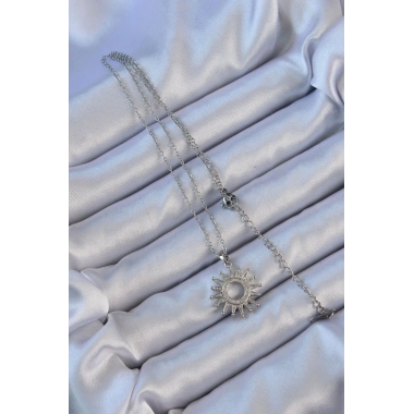 316L Çelik Zincir Gümüş Renk Zirkon Taşlı Parlayan Güneş Kolye