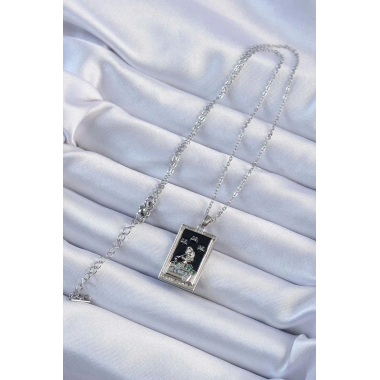 316L Çelik Zincir Gümüş Renk Zirkon Taşlı Siyah Mineli Kız Figürlü Tarot Kolye