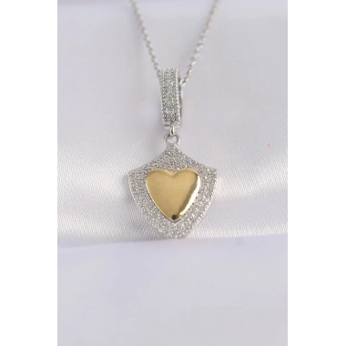 316L Çelik Zincir Gümüş Renk Zirkon Taşlı Tasarım Altın Renk Kalp Kolye