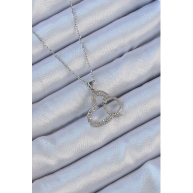 316L Çelik Zincir Gümüş Renk Zirkon Taşlı Yüzüklü Kalp Kolye