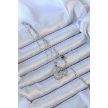 316L Çelik Zincir Gümüş Renk Zirkon Taşlı Yüzüklü Kalp Kolye