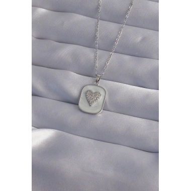 316L Çelik Zincir Mermer Desenli Gümüş Renk Zirkon Taşlı Kalp Model Kolye