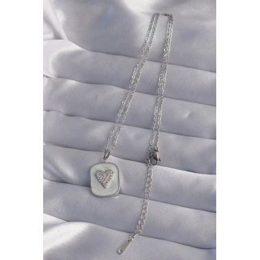 316L Çelik Zincir Mermer Desenli Gümüş Renk Zirkon Taşlı Kalp Model Kolye