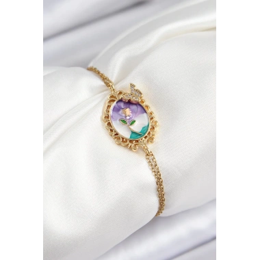 316L Çelik Zincir Mineli Sanatsal Portre Zirkon Taşlı Kelebek Detaylı Çiçek Model Gold Renk Kadın Bileklik