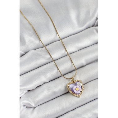 316L Çelik Zincir Mor Sanatsal Portre İnci Detaylı Papatya Figürlü Kalp Model Gold Renk Kadın Kolye