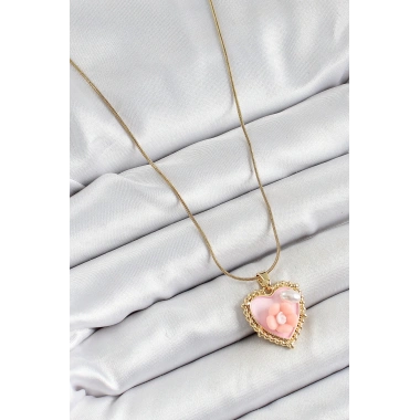 316L Çelik Zincir Pembe Sanatsal Portre İnci Detaylı Papatya Figürlü Kalp Model Gold Renk Kadın Kolye