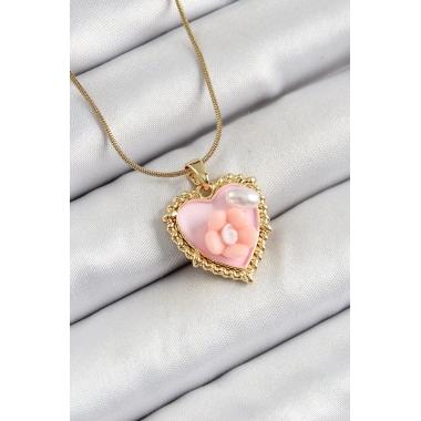 316L Çelik Zincir Pembe Sanatsal Portre İnci Detaylı Papatya Figürlü Kalp Model Gold Renk Kadın Kolye