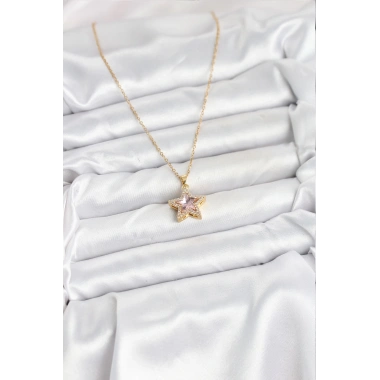 316L Çelik Zincir Pembe Taşlı Yıldız Model Kadın Kolye