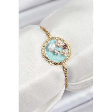 316L Çelik Zincir Turkuaz Mineli Sanatsal Portre İnci Detaylı Çiçek Model Gold Renk Kadın Bileklik