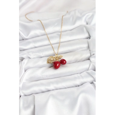 316L Çelik Zincir Yapraklı Kiraz Model Gold Renk Kadın Kolye
