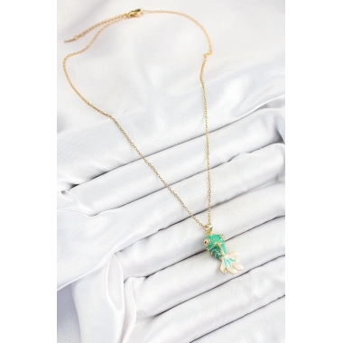 316L Çelik Zincir Yeşil Balık Model Gold Renk Kadın Kolye