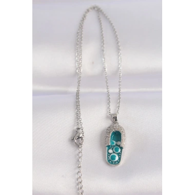 316L Çelik Zincir Zirkon Taşlı Gümüş Renk Nazarlı Terlik Tasarımlı Kolye