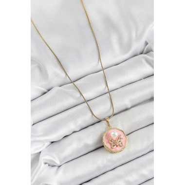 316L Çelik Zincir Zirkon Taşlı Pembe Sanatsal Portre İnci Detaylı Kelebek Model Gold Renk Kadın Kolye
