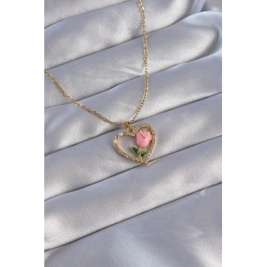 316L Çelik Zincirli Gold Renk Zirkon Taşlı Kalp İçinde Pembe Gül Tasarımlı Kolye