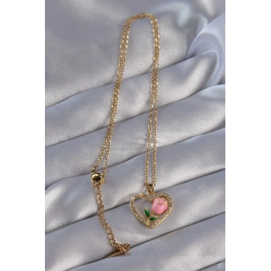 316L Çelik Zincirli Gold Renk Zirkon Taşlı Kalp İçinde Pembe Gül Tasarımlı Kolye