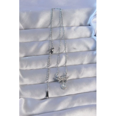 316L Çelik Zincirli Gümüş Renk Zirkon Taşlı Damla Detay Fiyonk Model Kolye