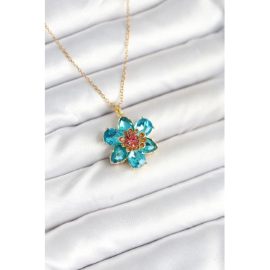 316L Çelik Zincirli Mavi Çiçek Model Kadın Kolye