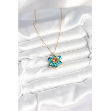 316L Çelik Zincirli Mavi Çiçek Model Kadın Kolye