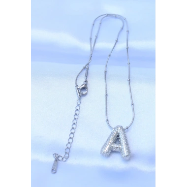 316L Çelik Zincirli Zirkon Taşlı A Harfli Gümüş Renk Bubble Kolye