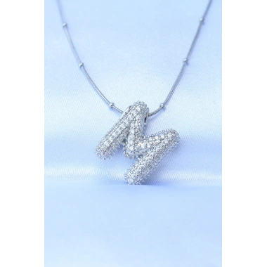 316L Çelik Zincirli Zirkon Taşlı M Harfli Gümüş Renk Bubble Kolye