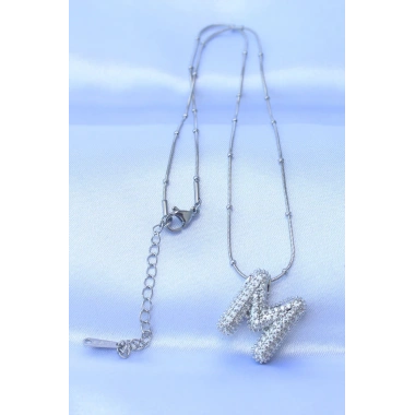 316L Çelik Zincirli Zirkon Taşlı M Harfli Gümüş Renk Bubble Kolye