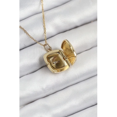 316L Çelik Zirkon Taşlı Açılabilr Kapaklı Göz Model Gold Renk Kadın Kolye