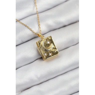 316L Çelik Zirkon Taşlı Açılabilr Kapaklı Kitap Model Gold Renk Kadın Kolye