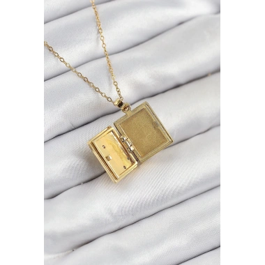 316L Çelik Zirkon Taşlı Açılabilr Kapaklı Kitap Model Gold Renk Kadın Kolye