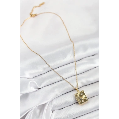 316L Çelik Zirkon Taşlı Açılabilr Kapaklı Kitap Model Gold Renk Kadın Kolye