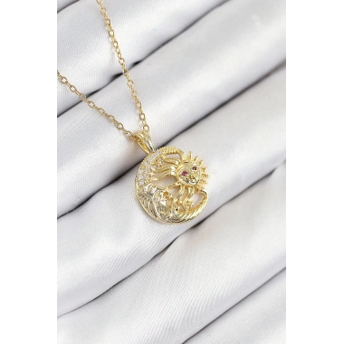 316L Çelik Zirkon Taşlı Ay Ve Güneş Model Gold Renk Kadın Kolye