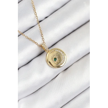316L Çelik Zirkon Taşlı Ay Ve Güneş Model Gold Renk Kadın Kolye