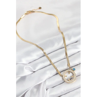 316L Çelik Zirkon Taşlı Çeyrek Takılabilir Gold Renk Kadın Kolye