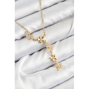 316L Çelik Zirkon Taşlı Çiçek Model Gold Renk Kadın Kolye
