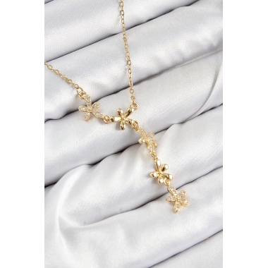 316L Çelik Zirkon Taşlı Çiçek Model Gold Renk Kadın Kolye