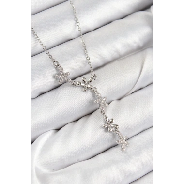 316L Çelik Zirkon Taşlı Çiçek Model Gümüş Renk Kadın Kolye