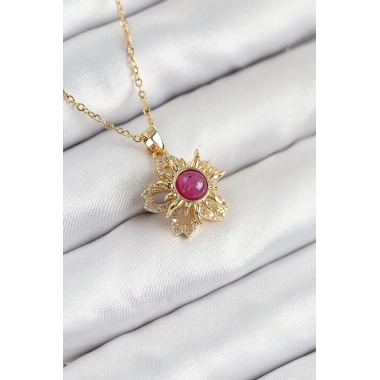 316L Çelik Zirkon Taşlı Döner Güneş Model Gold Renk Kadın Kolye