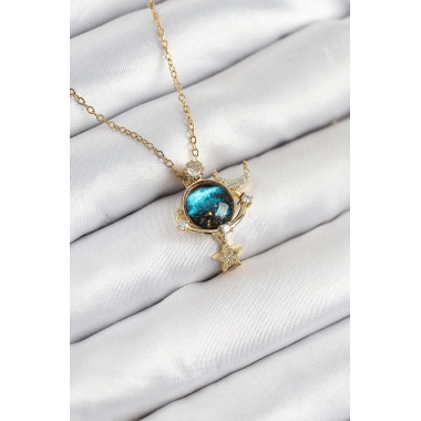 316L Çelik Zirkon Taşlı Gezegen Model Gold Renk Kadın Kolye