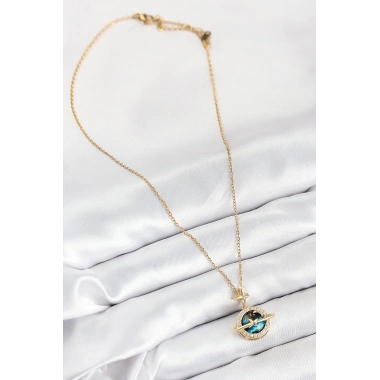 316L Çelik Zirkon Taşlı Gezegen Model Gold Renk Kadın Kolye