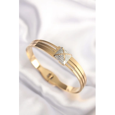316L Çelik Zirkon Taşlı Gold Renk Kadın Kelepçe Bilezik