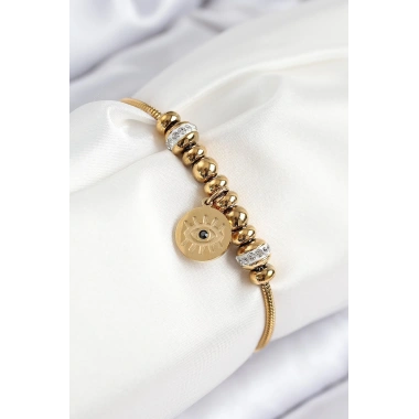 316L Çelik Zirkon Taşlı Göz Charm Model Gold Renk Kadın Bileklik