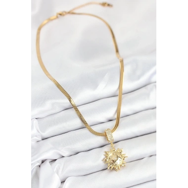 316L Çelik Zirkon Taşlı Güneş Model Gold Renk Kadın Kolye