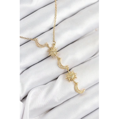 316L Çelik Zirkon Taşlı Güneş Ve Ay Model Gold Renk Kadın Kolye