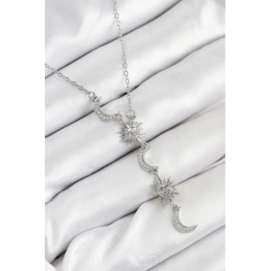 316L Çelik Zirkon Taşlı Güneş Ve Ay Model Gümüş Renk Kadın Kolye